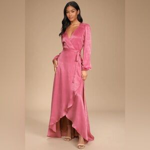 Lulus Endless Moments Marsala Satin Long Sleeve Wrap Maxi Dress